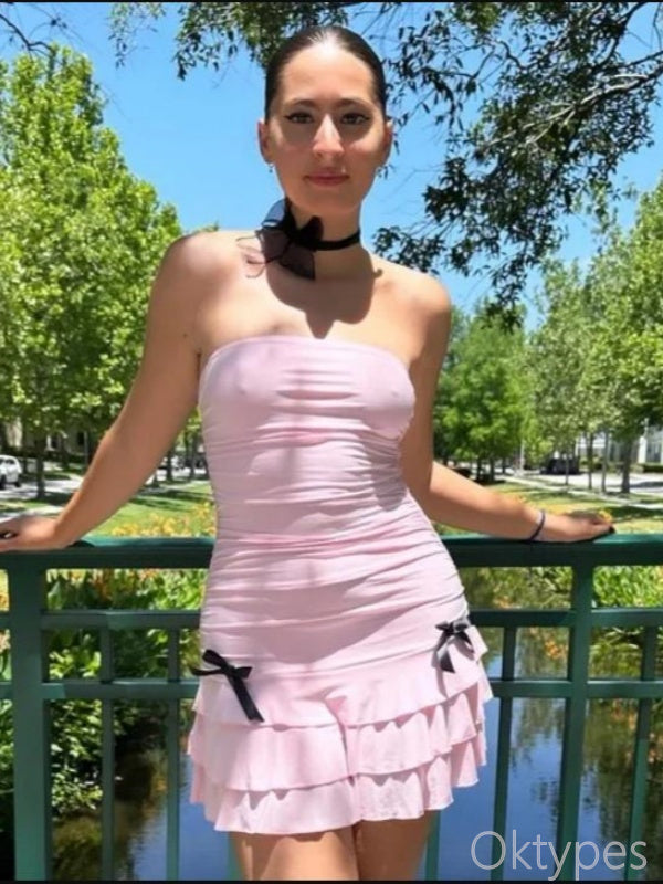 Pink Strapless Black Bow Cute Women Mini Dresses Homecoming Dresses, PDS0581