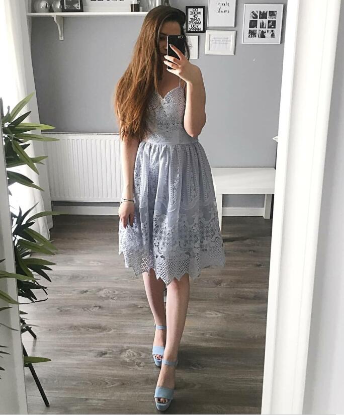 Pretty Spaghetti Straps Short cheap Blue Lace Homecoming Dresses, TYP1042