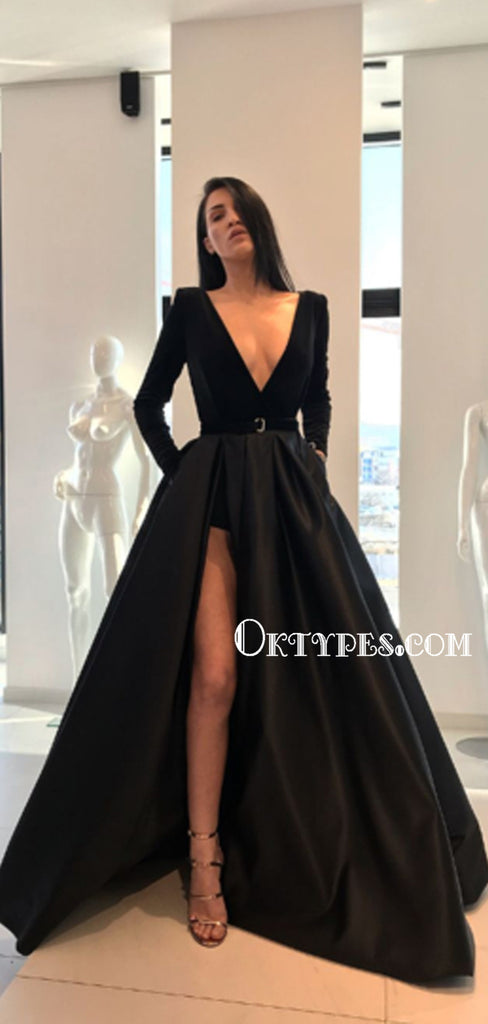 Charming A-Line V-Neck Black Long Sleeves Long Prom Dresses with Belt, TYP1690