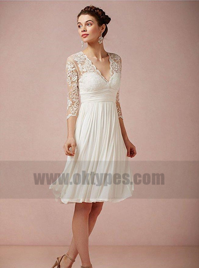 Cheap Long Sleeve Lace Short Beach Wedding Dresses, TYP0817
