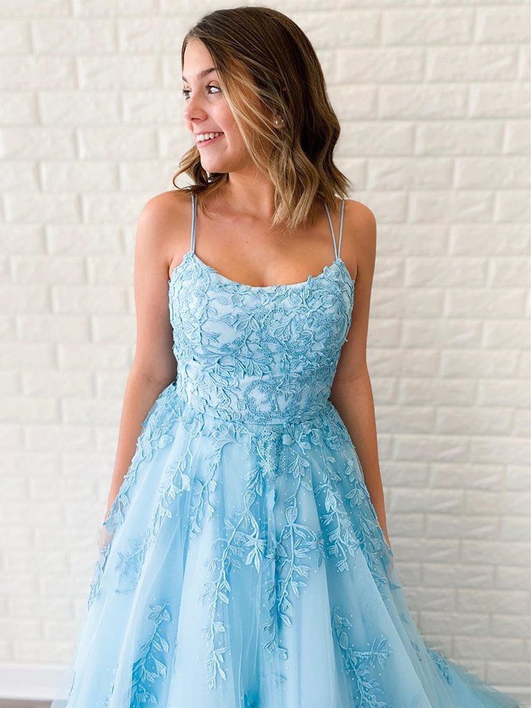 Sexy Blue Backless Spaghetti Straps Lace Evening Prom Dresses, Evening Party Prom Dresses, PDS0086