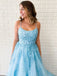 Sexy Blue Backless Spaghetti Straps Lace Evening Prom Dresses, Evening Party Prom Dresses, PDS0086