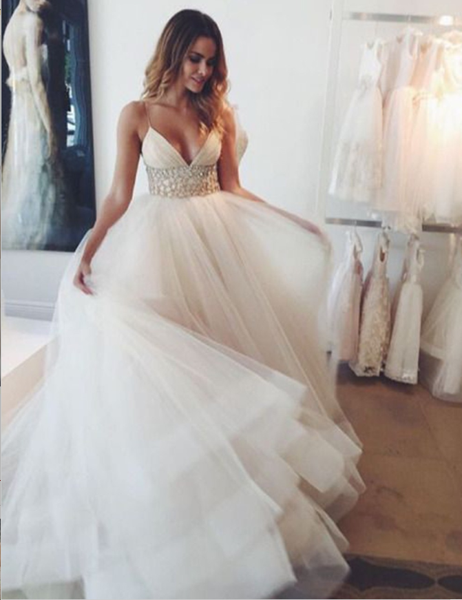 Stunning V-neck Sleeveless Long Cheap Ivory Wedding Dresses with Beading, TYP1325