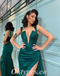 Sexy Satin Spaghetti Straps Deep V-Neck Side Slit Mermaid Prom Dresses,PDS0489