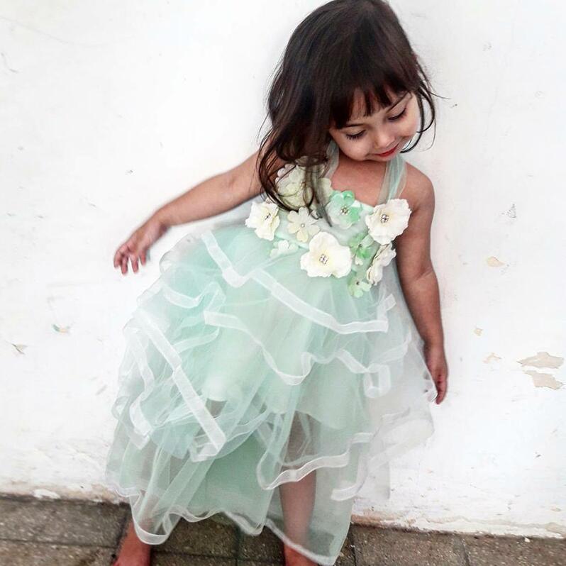 Straps Long Mint Green Long Cheap Cute Flower Girl Dress with Flowers, TYP1009