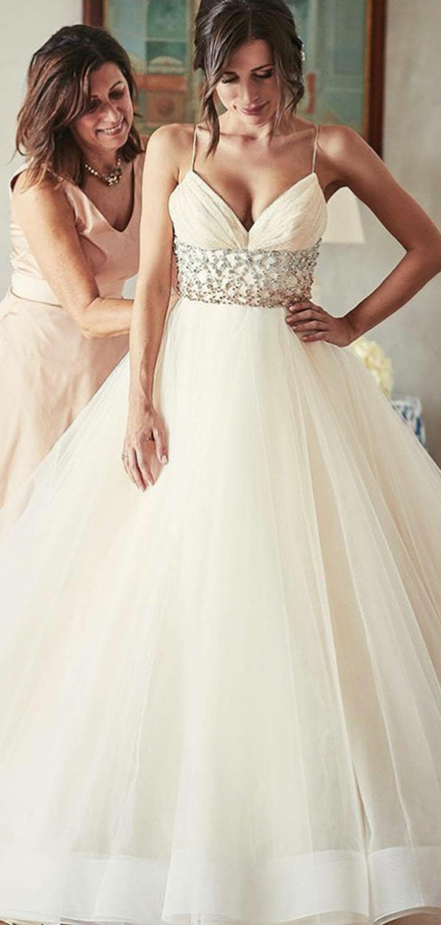 Stunning V-neck Sleeveless Long Cheap Ivory Wedding Dresses with Beading, TYP1325