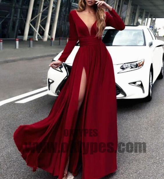 Clark Long Sleeve Prom Dresses, Sexy Deep V-neck Side Split Prom Dresses, V-back Prom Dresses, TYP0359