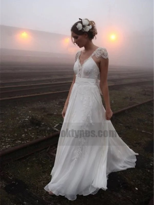 Sexy Backless Cap Sleeve V Neck A-line Chiffon Beach Wedding Dresses Online, TYP0816