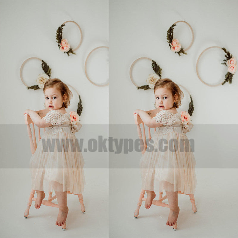 Cup sleeve Top Lace Appliques Ivory Rustic Cute Flower Girl Dresses, TYP0790