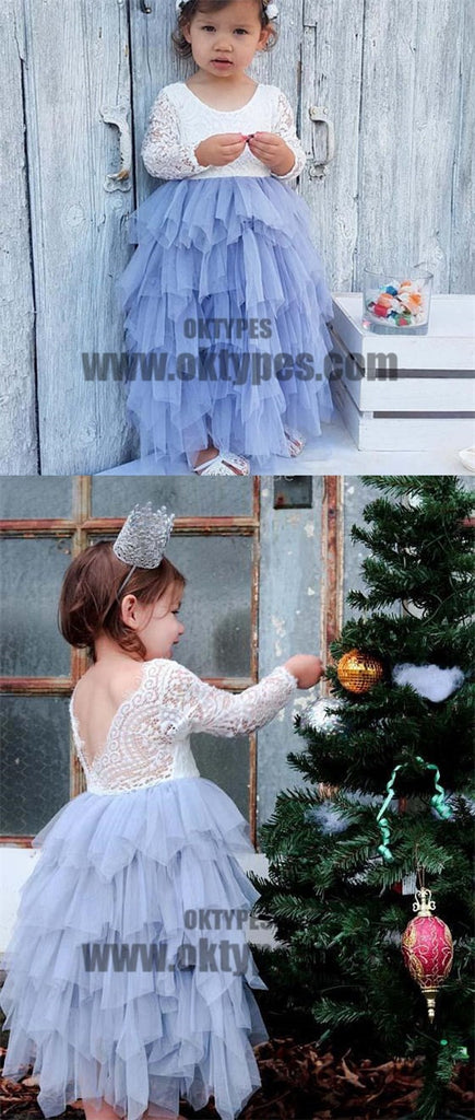 Scoop Long Sleeve Lace Top V-back Tulle Flower Girl Dresses, Popular Little Girl Dresses, TYP0530