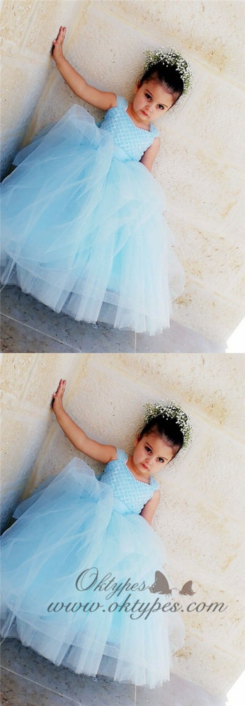 Blue Tulle A-Line Sleeveless Flower Girl Dresses, Popular Lace Little Girl Dresses, TYP1416