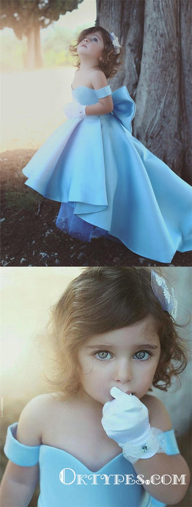 Lovely Bow Simple Blue Satin Off-the-Shoulder Flower-Girls Dresses, TYP1955