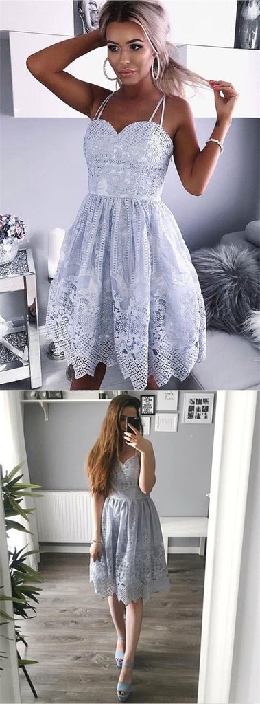 Pretty Spaghetti Straps Short cheap Blue Lace Homecoming Dresses, TYP1042