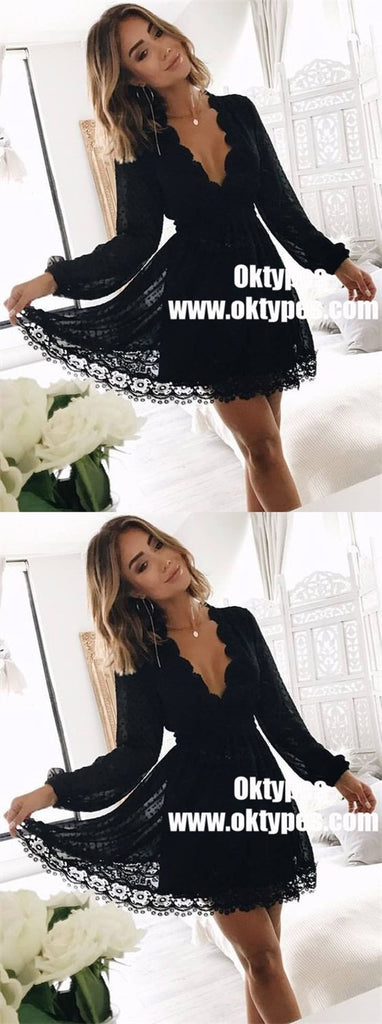 A-Line V-Neck Long Sleeves Little Black Lace Homecoming Dresses, TYP0901