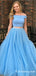 Two Piece Off-the-Shoulder Blue Sweep Train Prom Dresses with Beading, TYP1869