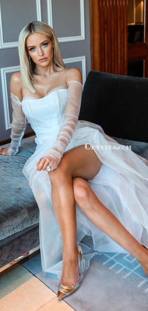 Off-The-Shouler Long Sleeves Ivory Organza Sexy Side Slit A-line Long Cheap Prom Dresses, PDS0074