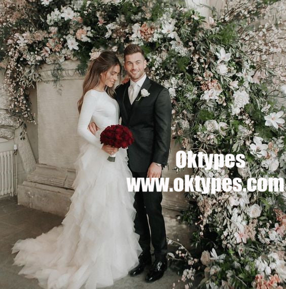 Round Neck V-back Long Sleeve Jersey Tulle Wedding Dress, Bridal Gown, TYP0936