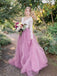 A-Line V-Neck Long Sleeves Pink Tulle Wedding Dresses with Lace Appliques, TYP1017