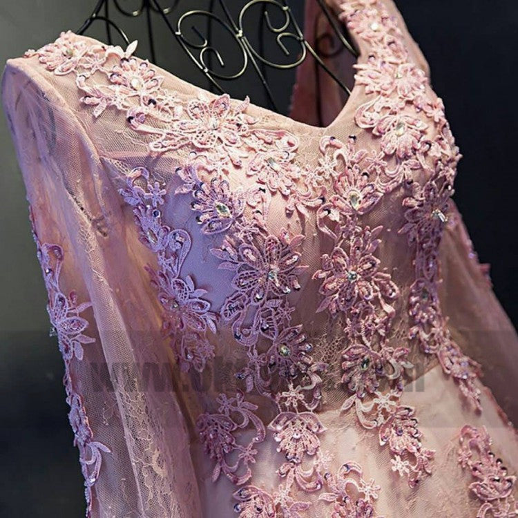 Cheap Long Sleeve Pink Prom  Dresses Dazzling Long A-line Princess Applique Lace Up Dresses, TYP0722