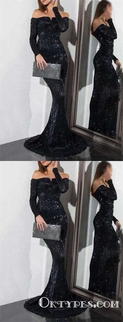 Sequin Long Sleeve Off the Shoulder Black Evening Gowns Prom Dresses, TYP1902