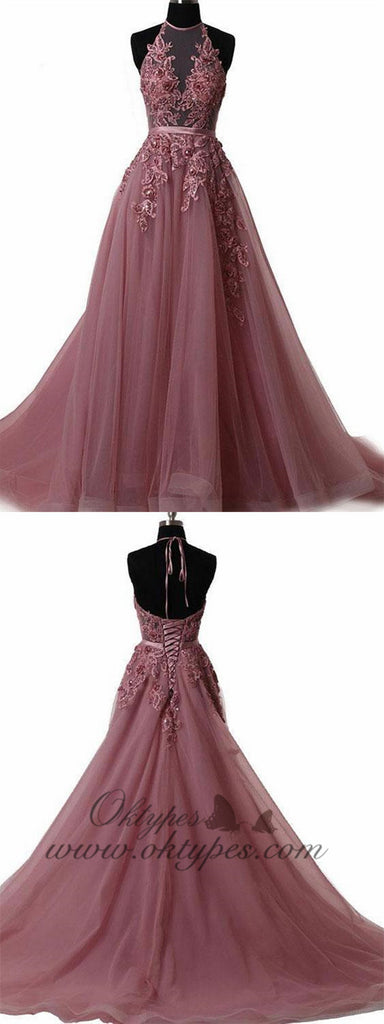 A-line Halter Lace Appliqued Formal Evening Gowns See-through Long Prom Dresses, TYP1193