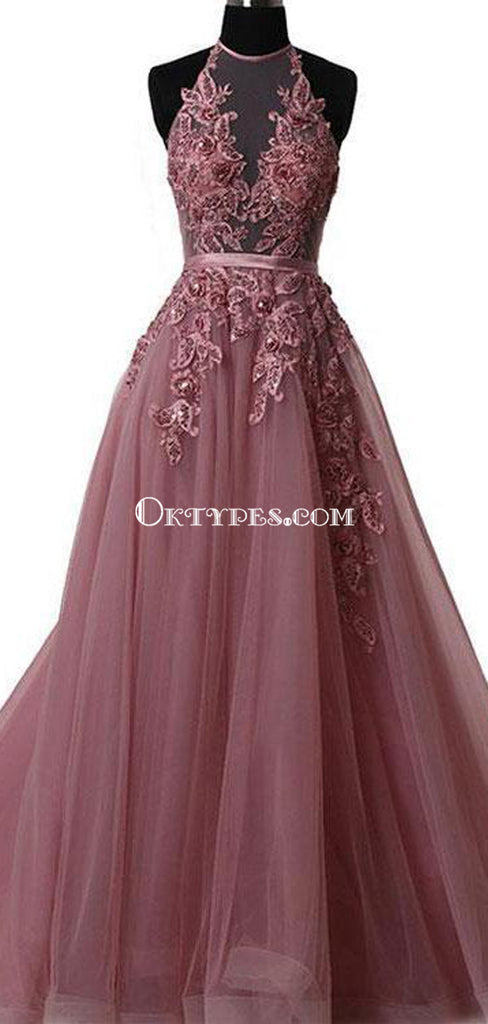 A-line Halter Lace Appliqued Formal Evening Gowns See-through Long Prom Dresses, TYP1193