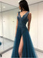 Long See Through Thigh Slit Blue Prom Dresses Backless Beaded Lace Prom Dresses, TYP1199