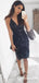 Sheath Spaghetti Straps Knee-Length Navy Blue Homecoming Dresses with Lace, TYP1992