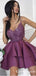 Modest A-Line V Neck Spaghetti Straps Satin Short Homecoming Dresses with Appliques, TYP1994