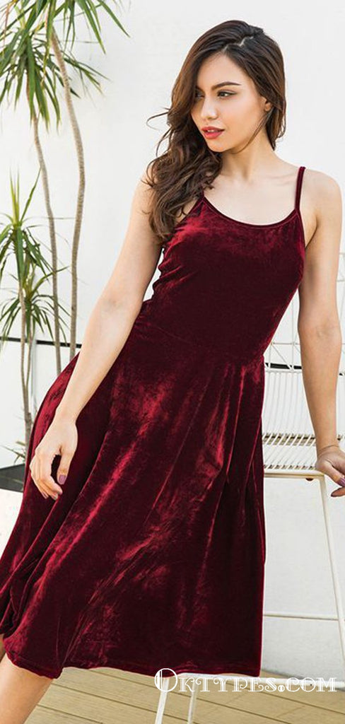 Chic A-Line Scoop Neck Open Back Burgundy Velvet Knee Length Homecoming Dresses, TYP1998