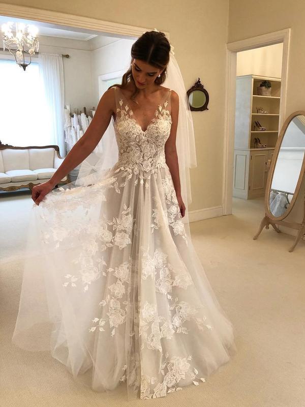 Lace Applique Ivory Beach Wedding Dresses V Neck Backless Wedding Dresses, TYP1244