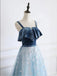 Elegant Blue Velvet Tulle A-Line Spaghetti Strap Floor-Length Prom Dresses PDS1106