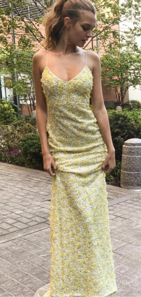 Simple Appliqued Yellow Spaghetti Strap V-Neck Floor-Length Prom Dresses PDS1093