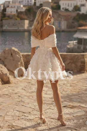 Mini Wedding Dress with 3D Floral Applique - Off-the-Shoulder Party Gown