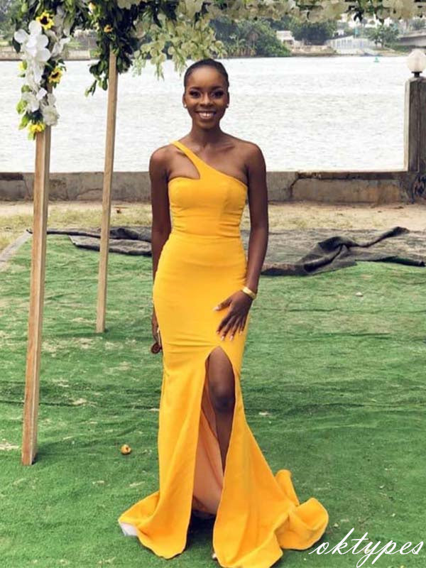Simple Yellow Side Slit One Shoulder With Tail Mermaid Prom Dresses PDS1086