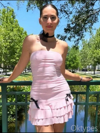 Pink Strapless Black Bow Cute Women Mini Dresses Homecoming Dresses, PDS0581