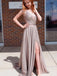 Sparkly Sliver Sweetheart V-Neck Side Slit Floor-Length Prom Dresses PDS1099