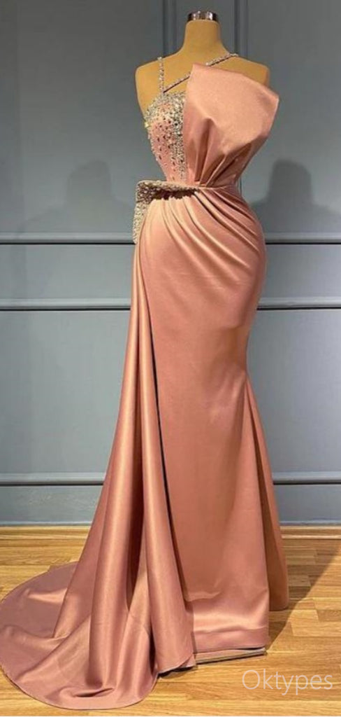 Simple Coral Beaded One Shoulder Satin Women Floor-Length Prom Dresses PDS1211