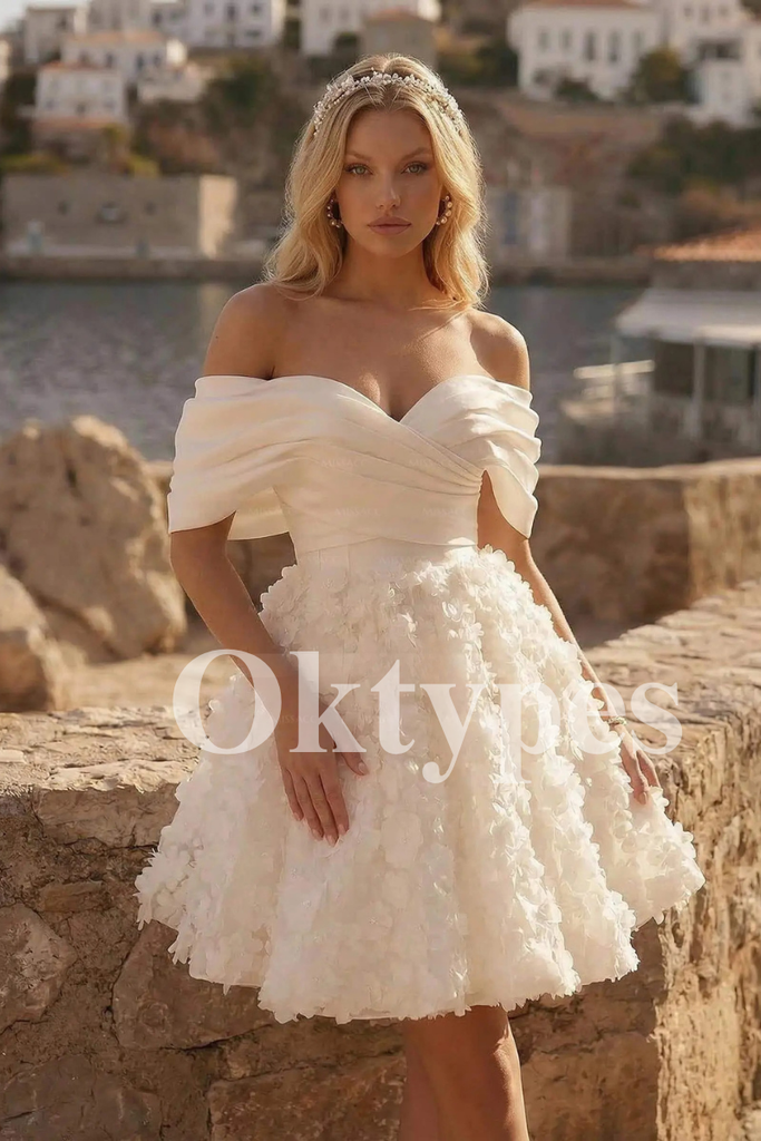 Mini Wedding Dress with 3D Floral Applique - Off-the-Shoulder Party Gown