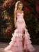 Unique Pink Cocktail Dresses Slit Evening Floor Length Women Prom Dresses Strapless Tulle