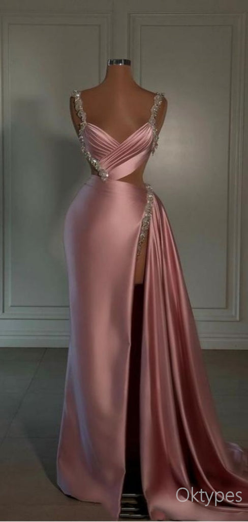 Elegant Blushing-Pink Beaded Mermaid Floor-Length Prom Dresses PDS1114