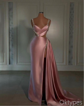 Elegant Blushing-Pink Beaded Mermaid Floor-Length Prom Dresses PDS1114