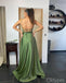 Classy Emerald Spaghetti Strap Side Slit Ruffle A-Line Women Floor-Length Prom Dresses PDS1229