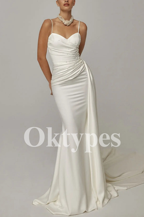 Modern Fit and Flare Bridal Gown Sleeveless Satin Wedding Dress with Ruched Bodice
