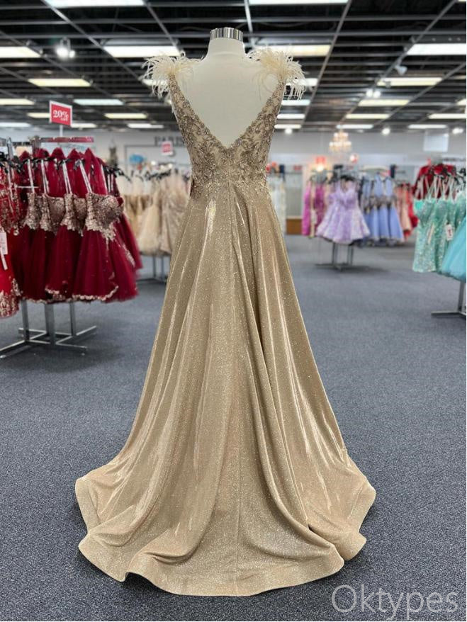 Sexy Sparkly Gold Sweetheart Feather A-Line Floor-Length Prom Dresses PDS1162