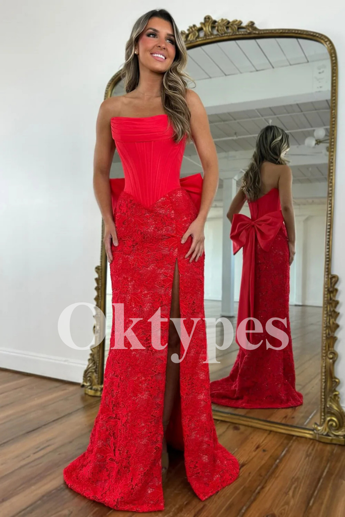 Elegant Red Lace Prom Dress 2026 Sexy Strapless Bodice & Statement Bow Gown