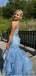 Blue Princess Mermaid Spaghetti Strap Ruffle Women Floor-Length Prom Dresses PDS1218