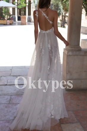 One-Shoulder Wedding Dress - Floral Lace Bridal Gown with High Slit
