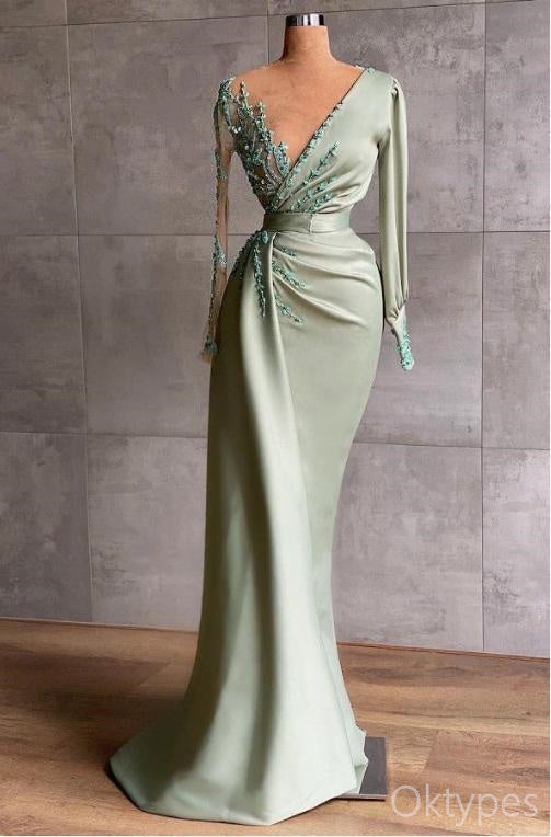 Green Elegant Beaded Full Sleeve Empire Mermaid Floor-Length Prom Dresses PDS1145