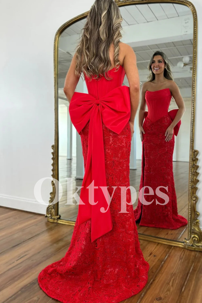 Elegant Red Lace Prom Dress 2026 Sexy Strapless Bodice & Statement Bow Gown